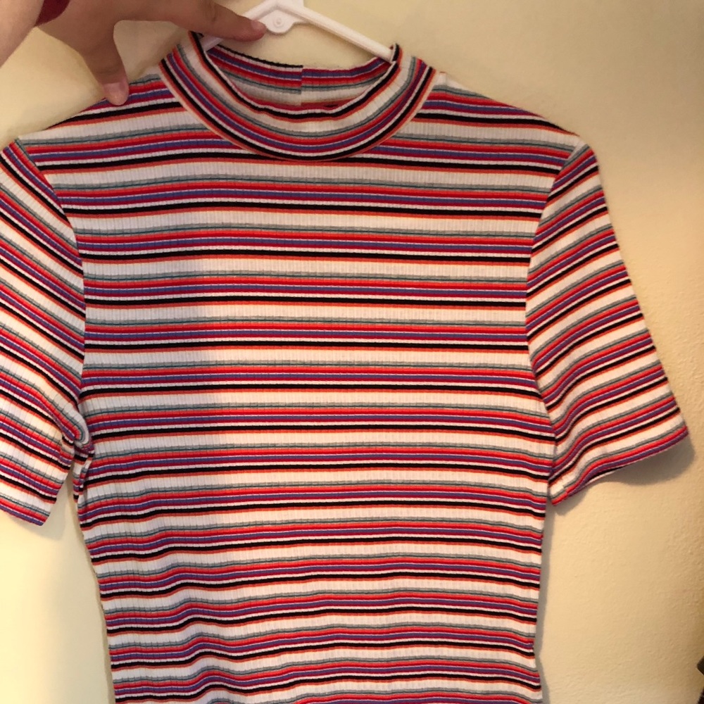 Multi colored stripped tee with high neckline
